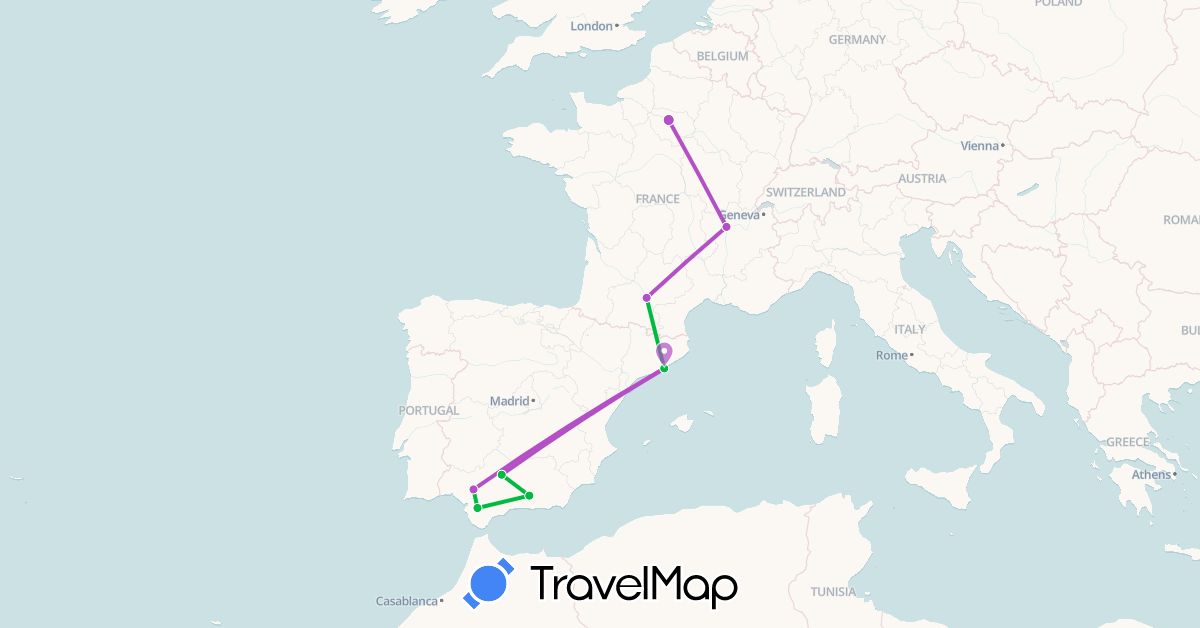 TravelMap itinerary: bus, train in Spain, France (Europe)